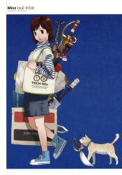 1girl absurdres animal artbook bag bell black_eyes blouse blue_background blue_shirt blue_shoes bottle brown_eyes brown_hair cat collar copyright_name dated denim denim_skirt diagonal-striped_clothes diagonal-striped_shirt full_body high_collar highres jingle_bell lipstick looking_at_viewer makeup mouth_hold neck_bell parted_lips scan shield shirt shoes short_hair simple_background skirt sneakers solo striped_clothes sword tabby_cat tag tech_win tif-to-png_conversion wand weapon white_shirt yoshizaki_mine