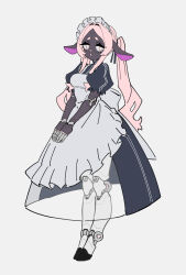 1girl absurdres android animal_ears animal_nose bare_arms bare_legs commentary dark-skinned_female dark_skin english_commentary frown full_body grey_background highres long_hair looking_at_viewer maid maid_headdress mechanical_arms mechanical_legs original parted_bangs pink_eyes pink_hair puffy_short_sleeves puffy_sleeves see-through_clothes see-through_skirt_layer sheep_ears short_sleeves sidelocks simple_background somersaultdropkick twintails v_arms very_dark_skin