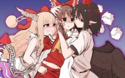 3girls artist_request black_eyes black_hair blonde_hair blush bow brown_hair chain detached_sleeves gradient_background hair_between_eyes hair_bow hakurei_reimu hat highres horns hug ibuki_suika long_hair multiple_girls oni oni_horns outline pointy_ears purple_background saliva saliva_trail shameimaru_aya short_hair sidelocks tengu touhou wings yuri