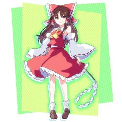 Rule 34 | 1girl, absurdres, ascot, bare shoulders, bow, breasts, brown eyes, brown hair, chest sarashi, closed mouth, collar, detached sleeves, facing viewer, frilled bow, frilled hair tubes, frilled skirt, frills, full body, gohei, hair bow, hair tubes, hakurei reimu, highres, holding, holding gohei, large variant set, looking at viewer, medium hair, pioartstuff, red bow, red skirt, sarashi, skirt, small breasts, smile, socks, solo, tachi-e, touhou, variant set, white collar, white socks, yellow ascot