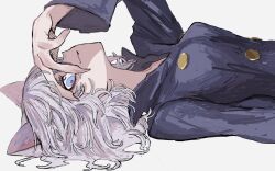 1girl animal_ears blue_eyes blue_shirt cat_ears cat_girl cat_tail collared_shirt fingernails grey_hair high_collar hunter_x_hunter looking_at_viewer lying maikeru_(dk_maikel) neferpitou on_back sharp_fingernails shirt short_hair sideways_glance simple_background smile solo tail upper_body white_background