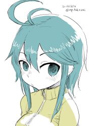 1girl antenna_hair aqua_eyes aqua_hair breasts commentary_request dated hair_ornament hashtag-only_commentary jacket large_breasts medium_hair original portrait sidelocks solo takeomi_(shitamatsuge) twitter_username yellow_jacket