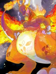 10_nosukeuma 1other blurry charizard cloud colored_skin commentary_request creature creature_focus depth_of_field dragon fiery_wings fire flame-tipped_tail flaming_horns gen_1_pokemon gigantamax gigantamax_charizard glowing glowing_eyes highres lightning looking_down nintendo no_humans orange_skin pokemon pokemon_(creature) pokemon_focus pokemon_swsh solo tail wings yellow_eyes