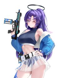 1girl alternate_costume alternate_hairstyle artist_name bare_shoulders belt black_halo blue_archive blue_buruma blue_eyes blue_hair blue_jacket blue_shirt breasts buruma commentary contrapposto cowboy_shot crop_top cropped_shirt gun hair_intakes halo hand_on_own_hip hand_up hezzu_0 highres holding holding_gun holding_weapon jacket large_breasts long_hair long_sleeves looking_at_viewer miniskirt navel off_shoulder one_eye_closed open_clothes open_jacket paint_splatter paint_splatter_on_face parted_bangs ponytail puffy_long_sleeves puffy_sleeves see-through_clothes see-through_skirt shirt skirt sleeveless sleeveless_turtleneck solo spray_can thighs turtleneck turtleneck_shirt weapon weapon_request white_belt yuuka_(blue_archive)