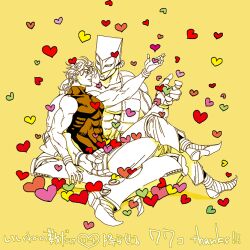 Rule 34 | 2boys, bracelet, dio brando, heart, heart kneepads, jewelry, jojo no kimyou na bouken, male focus, merumeru626, multiple boys, muscular, muscular male, pointy ears, sitting, sitting on lap, sitting on person, sleeveless, sleeveless turtleneck, stand (jojo), stardust crusaders, the world, too many, too many hearts, turtleneck