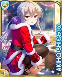 1girl black_footwear bow card_(medium) character_name christmas coat female_focus girlfriend_(kari) grey_hair indoors kneeling long_hair night official_art open_mouth plaid_clothes plaid_skirt purple_bow qp:flapper red_coat santa_costume shigeto_akiho shirt skirt smile socks tagme white_bow white_neckwear