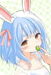 1girl animal_ear_fluff animal_ears bare_shoulders blue_hair bow brown_eyes collarbone commentary_request eating food food_request hair_bow hand_up highres holding holding_food hololive kiritoma looking_at_viewer pink_bow polka_dot polka_dot_background rabbit-shaped_pupils rabbit_ears rabbit_girl shirt short_eyebrows solo symbol-shaped_pupils thick_eyebrows upper_body usada_pekora virtual_youtuber white_background white_shirt