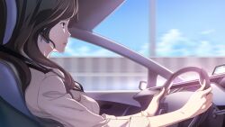 1girl black_shirt black_trim bracelet breasts brown_eyes brown_hair business_suit car car_interior car_seat driving earrings formal_clothes from_side fukuda_tomonori game_cg grey_jacket hair_over_shoulder highres jacket jewelry lapels large_breasts left-hand_drive lipstick long_hair long_sleeves makeup mature_female motion_blur motor_vehicle non-web_source notched_lapels official_art open_mouth parted_bangs pendant_earring red_lips robotics;notes seatbelt senomiya_misaki shiny_lips shirt side-view_mirror sitting solo steering_wheel suit suit_jacket three-quarter_sleeves tongue vehicle_interior