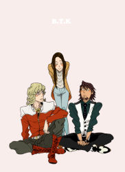Rule 34 | 10s, 1girl, 2boys, ^ ^, bad id, bad pixiv id, barnaby brooks jr., blonde hair, boots, brown eyes, brown hair, newsboy cap, closed eyes, coat, couple, closed eyes, facial hair, glasses, green eyes, hat, hetero, husband and wife, jacket, jewelry, kaburagi t. kotetsu, kaburagi tomoe, long hair, multiple boys, necklace, necktie, red jacket, short hair, sitting, stubble, tiger &amp; bunny, time paradox, vest, waistcoat, zakk