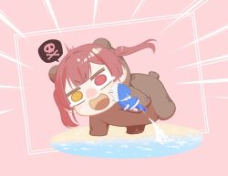 2girls animal_costume animal_ears animal_hood bear_costume bear_ears bear_hood biting biting_cheek blue_hoodie blunt_bangs chibi coin44 commentary double-parted_bangs emphasis_lines fins fish_tail gawr_gura gawr_gura_(1st_costume) heterochromia hololive hololive_english hood hoodie houshou_kumarine houshou_marine multiple_girls onesie open_mouth pink_background red_eyes red_hair shark_costume shark_girl shark_hood shark_tail simple_background skull_and_crossbones spoken_skull symbol-only_commentary tail tearing_up twintails virtual_youtuber white_hair yellow_eyes