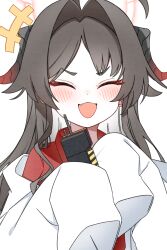 Rule 34 | +++, 1girl, 2657314861, absurdres, ahoge, bilingual commentary, blue archive, brown hair, closed eyes, coat, collared shirt, colored inner hair, commentary request, controller, demon horns, eyeliner, fang, gradient horns, hair intakes, halo, highres, holding, holding controller, horns, kasumi (blue archive), lab coat, laughing, light blush, long hair, makeup, mixed-language commentary, multicolored hair, multicolored horns, off shoulder, open mouth, parted bangs, red eyeliner, red halo, red shirt, shirt, sidelocks, sleeves past fingers, sleeves past wrists, smile, solo, two-tone hair, upper body, v-shaped eyebrows, white background, white coat, white hair