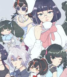 1boy 3girls :d alternate_costume alternate_hairstyle animal_ears black_hair black_shirt blue_dress blue_shirt bow bowtie cat_ears chibi closed_eyes commentary_request cup disposable_cup dress drinking fujishima_(oimo_uma2) green_eyes green_hair grey_background grey_hair holding holding_cup jane_doe_(zenless_zone_zero) jewelry juliet_sleeves lips long_hair long_sleeves looking_at_viewer looking_over_eyewear mug multicolored_hair multiple_girls necklace one_eye_closed open_mouth outline ponytail puffy_sleeves qingyi_(zenless_zone_zero) red_bow red_bowtie red_eyes red_hair seth_lowell shirt short_hair skirt smile streaked_hair sunglasses too_many_watermarks twintails watermark white_outline white_shirt white_skirt zenless_zone_zero zhu_yuan