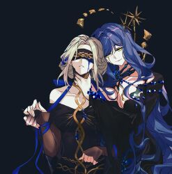 2girls arcana_(reverse:1999) bare_shoulders black_background black_blindfold black_claws black_dress blindfold blue_hair blue_liquid breasts crying dress grabbing_from_behind grey_hair hand_on_another&#039;s_face head_tilt holding_hands multiple_girls rekka reverse:1999 upper_body urd_(reverse:1999) yellow_eyes yuri
