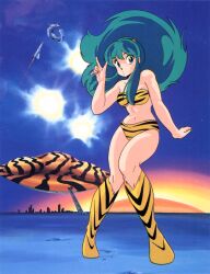 1980s_(style) animal_print bikini blue_eyes boots cityscape green_hair highres lum midriff navel night night_sky non-web_source oldschool pointing pointing_up retro_artstyle rocket sky space striped_bikini striped_clothes sunset swimsuit tiger_panties tiger_print ufo underwear urusei_yatsura