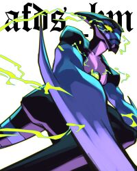 1boy afdsbm alien ben_10 blue_skin closed_mouth colored_skin commentary electricity english_commentary english_text eye_trail from_below glowing glowing_eyes green_eyes highres light_trail male_focus no_humans solo striped_tail tail white_background xlr8