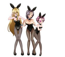 Rule 34 | absurdres, animal ears, black bow, black bowtie, black leotard, blonde hair, blush, bow, bowtie, breasts, brown eyes, cleavage, closed mouth, eyepatch, fake animal ears, fishnet pantyhose, fishnets, freckles, full body, girls und panzer, glasses, grey hair, hand on own hip, highres, key (gaigaigai123), large breasts, leotard, long hair, looking at viewer, momogaa (girls und panzer), nekonyaa (girls und panzer), one eye closed, open mouth, oversized breast cup, pantyhose, piyotan (girls und panzer), playboy bunny, pout, purple hair, rabbit ears, simple background, small breasts, tongue, tongue out, undersized breast cup, white background