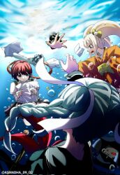 asa_no_wa bow braid cat_hair_ornament danganronpa_(series) danganronpa_2:_goodbye_despair dress freckles green_bow green_dress hair_ornament highres japanese_clothes kimono koizumi_mahiru kuzuryu_fuyuhiko obi orange_kimono paper pekoyama_peko red_bow red_hair saionji_hiyoko sash twin_braids underwater