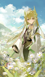 Rule 34 | 1girl, absurdres, arknights, artistic error, bilibili logo, black collar, blonde hair, blue sky, chinese commentary, clip studio paint (medium), closed mouth, cloud, coat, collar, commentary request, day, dress, elf, flower, green dress, hair ornament, highres, lens flare, long hair, long sleeves, making-of available, muelsyse (arknights), open clothes, open coat, outdoors, pointy ears, simple bird, sketch, sky, smile, solo, standing, sunlight, tan ji shi mi shou, video thumbnail, watermark, white coat, white flower, yellow eyes
