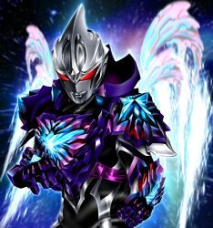 1boy alien armor black_skin blue_armor blurry blurry_background clenched_hand colored_skin commentary cowboy_shot crystal dark_persona dorsal_fin energy facial_mark fighting_stance forehead_jewel galaxy galaxy_armor galaxy_background glowing glowing_armor glowing_eyes guil_arc hanejidyna86 highres looking_down male_focus multicolored_armor multicolored_skin muscular muscular_male no_pupils purple_armor red_armor red_eyes shoulder_pads silver_skin solo spoilers tokusatsu twitter_username two-tone_skin ultra_series ultraman_arc_(series) wrinkled_skin
