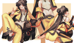 1girl ;o absurdres ass bandaid_on_stomach bare_shoulders barefoot black_survival blunt_bangs blush bottle breasts brown_hair bruce_lee&#039;s_jumpsuit chinese_clothes commentary cold_pack cowboy_shot crocs crop_top double_bun dudou eyebrows_hidden_by_hair groin hair_bun hair_ribbon highres holding jumpsuit leaning_forward li_dailin long_hair long_sleeves looking_at_viewer midriff mizuhiki multiple_views navel off_shoulder one_eye_closed open_jumpsuit open_mouth pants parted_hair ribbon sidelocks sitting sleeveless small_breasts standing standing_on_one_leg tongue tongue_out tunamayo_(dsasd751) very_long_hair wariza yellow_background yellow_jumpsuit yellow_pants