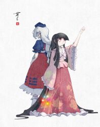 2girls absurdly_long_hair ay606078 bamboo_print black_hair blue_dress bow bowtie braid branch chinese_commentary closed_mouth collared_shirt commentary_request dress eyes_visible_through_hair frilled_shirt_collar frilled_skirt frilled_sleeves frills grey_hair hat highres holding holding_branch houraisan_kaguya jeweled_branch_of_hourai leaf_print long_hair long_skirt long_sleeves multicolored_dress multiple_girls nurse_cap pink_shirt print_skirt red_dress red_eyes shirt short_sleeves signature single_braid skirt touhou two-tone_dress very_long_hair white_bow white_bowtie wide_sleeves yagokoro_eirin