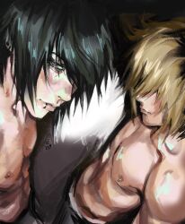 2boys black_hair blonde_hair earrings final_fantasy final_fantasy_xv green_eyes hair_over_face highres jewelry lip_piercing looking_at_another looking_at_viewer male_focus multiple_boys nipple_piercing nipples noctis_lucis_caelum pectorals piercing prompto_argentum short_hair topless_male v3raxyy yaoi