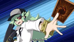 1boy black-framed_eyewear black_hat black_shirt blue_background bracelet card double-parted_bangs dress_shirt duel_disk emphasis_lines english_text facing_to_the_side fake_screenshot gold_bracelet green_hair grey_eyes hat holding holding_card jewelry looking_ahead male_focus n_(pokemon) necklace nintendo nuumigranate open_mouth outstretched_arm parody partially_unbuttoned pokemon pokemon_bw pokemon_bw2 ponytail red-tinted_eyewear shirt shirt_under_shirt sleeves_rolled_up style_parody tinted_eyewear upper_body white_shirt yu-gi-oh! yu-gi-oh!_zexal