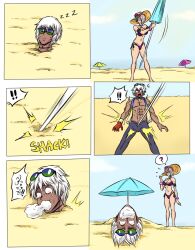 ! !! 1boy 1girl ? ball_busting beach beach_umbrella buried foaming_at_the_mouth k&#039;_(kof) ocigart umbrella x-ray zzz
