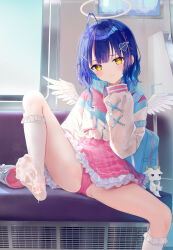 1girl ahoge amamiya_kokoro amamiya_kokoro_(4th_costume) arrow_through_heart bag bag_charm bandaid bandaid_on_leg blue_hair braid charm_(object) closed_mouth colored_inner_hair crown_braid cum cum_on_body cum_on_feet feathered_wings feet foot_up frilled_skirt frilled_socks frills hair_ornament halo hand_up heart heart_hair_ornament highres jacket knee_up kou_futoshi light_blue_hair long_hair long_sleeves looking_at_viewer mini_wings miniskirt multicolored_hair multicolored_jacket nijisanji no_shoes panties pantyshot pink_hair pink_panties pink_skirt plaid_clothes plaid_skirt school_bag shoes sitting skirt sleeves_past_fingers sleeves_past_wrists smile socks soles solo spread_legs streaked_hair sweat toes torn_clothes torn_socks train_interior underwear unworn_shoes virtual_youtuber white_socks white_wings wings x_hair_ornament yellow_eyes