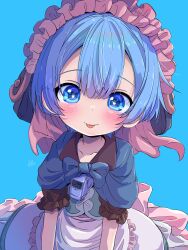 Rule 34 | 1boy, :p, absurdres, apron, blue background, blue capelet, blue corset, blue eyes, blue hair, blush, capelet, collarbone, commentary request, corset, dot nose, double-parted bangs, frilled apron, frilled sleeves, frills, highres, looking at viewer, made in abyss, maid, maid headdress, male focus, maruruk, sekaineko 001, short hair, short sleeves, smile, solo, sparkling eyes, tongue, tongue out, trap, upper body, whistle, whistle around neck, white apron, yellow pupils