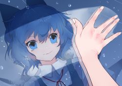 1girl blue_bow blue_dress blue_eyes blue_hair bow bubble cirno commentary_request dress female_focus fingernails hair_between_eyes hair_bow highres ice ikurauni looking_at_mirror messy_hair mirror red_neckwear red_ribbon reflection ribbon shiny_skin shirt short_hair sidelocks solo tears touhou upper_body white_shirt wing_collar wings wiping