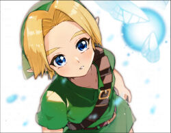 1boy ao_haruki belt blonde_hair blue_eyes brown_belt child commentary_request fairy from_above green_hat green_tunic hat link looking_up navi nintendo parted_lips pointy_ears short_sleeves shoulder_belt solo the_legend_of_zelda the_legend_of_zelda:_ocarina_of_time tunic white_background young_link