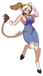 Rule 34 | 1girl, 2017, absurdres, ahoge, animal ears, bell, blonde hair, blue overalls, blush, breasts, brown hair, cleavage, commentary, cone horns, cow ears, cow girl, cow horns, cow tail, cowbell, cream (monster musume), english commentary, full body, gloves, grey horns, highres, hooves, horns, large breasts, lilirulu, looking at viewer, monster musume no iru nichijou, multicolored hair, neck bell, overalls, simple background, solo, tail, twintails, two-tone hair, white background, white gloves