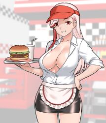 1girl absurdres apron black_skirt breasts burger cleavage collarbone collared_shirt commentary_request cup disposable_cup drinking_straw food furaggu_(frag_0416) hand_on_own_hip hat highres holding holding_tray indoors kantai_collection large_breasts long_hair massachusetts_(kancolle) partially_unbuttoned pencil_skirt pink_hair red_eyes red_hat shirt skirt sleeves_rolled_up solo thighs tray variant_set visor_cap waist_apron waitress white_shirt