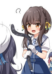 Rule 34 | 3girls, ?, anal tail, blue dress, blue neckerchief, blue sailor collar, braid, brown eyes, brown hair, butt plug, comiching, diagonal-striped clothes, diagonal-striped necktie, dildo, dress, fake tail, gloves, gradient hair, hair ribbon, hat, highres, holding, holding sex toy, kantai collection, matsuwa (kancolle), multicolored hair, multiple girls, neckerchief, necktie, orange hair, purple hair, ribbon, sailor collar, sailor hat, school uniform, serafuku, sex toy, shirt, short hair, short hair with long locks, short sleeves, side braids, sidelocks, standing, striped clothes, striped necktie, tail, tsushima (kancolle), ukuru (kancolle), white gloves, white headwear, white shirt