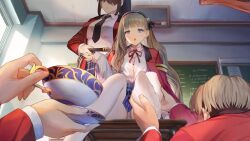 1boy 2girls animated black_hair blue_eyes brown_dust_(series) brown_dust_2 brown_hair cup desk feet glacia_(brown_dust) hair_over_one_eye highres long_hair looking_at_viewer multiple_girls official_art open_mouth panties pantyhose pantyshot ponytail school_desk school_uniform soles teacup toes underwear video whip white_pantyhose