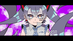 1girl 39 arm_tattoo blue_necktie character_name closed_mouth commentary grey_hair grey_shirt hair_between_eyes hatsune_miku long_hair looking_at_viewer miku_day necktie neko_7567 number_tattoo pillarboxed purple_background shirt solo symbol-shaped_pupils tattoo triangle twintails very_long_hair vocaloid