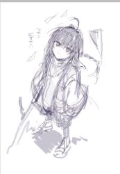 1other ahoge braid closed_mouth facing_up fate/samurai_remnant fate_(series) from_above highres holding holding_sword holding_weapon japanese_clothes light_frown limited_palette long_hair looking_at_viewer mi_m099 other_focus sad simple_background single_braid sketch standing sword translated weapon white_background yamato_takeru_(fate)