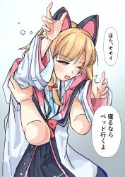 1girl 1other absurdres animal_ear_headphones animal_ears blonde_hair blue_archive blush bow cat_ear_headphones drooling fake_animal_ears hair_bow headphones highres l_sosn lifting_person momoi_(blue_archive) sleepy speech_bubble translation_request