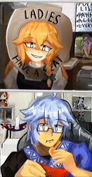 1boy 2girls ahoge blonde_hair blue_hair braid chips_(food) closed_mouth commentary doll eating english_commentary english_text food gap_(touhou) glasses highres indoors kirisame_marisa lad_der looking_at_viewer middle_finger morichika_rinnosuke multiple_girls omegle patchouli_knowledge short_hair side_braid single_braid toilet_seat touhou yakumo_yukari yellow_eyes