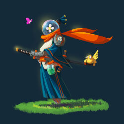 Rule 34 | 1other, armor, bandana, bandana around neck, bird, blue background, blue hakama, bottle, bug, butterfly, cable, daisy, flower, from side, full body, grass, hakama, haori, holding, holding sword, holding weapon, humanoid robot, insect, iwse zhang, japanese clothes, katana, kimono, long sleeves, obi, original, other focus, poison, profile, red bandana, robot, ronin, sash, sheath, shoulder armor, simple background, skull and crossbones, solo, spray bottle, standing, sword, topknot, weapon, white flower, white kimono, wide sleeves