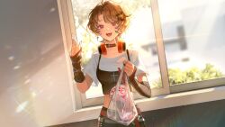 1girl :d black_choker black_nails branch breasts choker drinking_straw earrings fang fingernails fluffy_hair food_request game_cg hair_ornament hairclip hand_up highres jewelry leaf lens_flare looking_at_viewer love_curse:_find_your_soulmate medium_breasts midriff non-web_source nyx_xia official_art open_mouth pale_skin red_eyes shirt short_hair short_sleeves single_earring smile solo sunlight upper_body white_shirt window