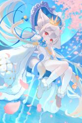 1girl :o absurdres ahoge animal_ear_fluff animal_ears ascot asymmetrical_legwear blue_bow blue_moon blue_ribbon blue_sash boots bow bowtie brown_boots cherry_blossoms coat coat_on_shoulders commentary_request commission crown floating_hair flower fox_ears fox_girl fox_tail frilled_vest frills full_body fur-trimmed_boots fur-trimmed_coat fur_trim giuniu_(unc_135) grey_hair hair_between_eyes hair_bow hair_ornament hair_ribbon hair_scrunchie head_tilt high_collar highres indoors large_ears large_tail long_hair looking_at_viewer low_twintails moon on_chair original parted_lips petals pink_petals red_eyes ribbon rose sakurada_shiro_(hy_plus) sakurada_shiro_(royal)_(hy_plus) sash scrunchie shoulder_sash signature single_bare_leg single_sock sitting sitting_on_throne skeb_commission socks solo tail thank_you thighhighs throne twintails uneven_legwear very_long_hair vest white_coat white_flower white_hair white_rose white_socks white_thighhighs white_unitard zettai_ryouiki