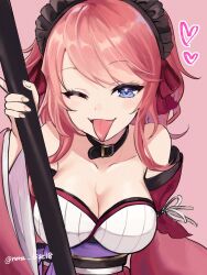 Rule 34 | 1girl, artist request, breasts, character request, cleavage, highres, large breasts, long tongue, one eye closed, pink hair, ragnador, tagme, tongue, tongue out, wink