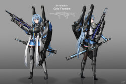 1girl alternate_costume ammunition_pouch armor armored_boots assault_rifle black_thighhighs blue_eyes blue_hair blue_necktie blue_skirt boots breasts bullpup character_name closed_mouth commentary commission dp-12_(girls&#039;_frontline) english_commentary fingerless_gloves full_body girls&#039;_frontline gloves grey_background gun gundam hair_between_eyes hairband harness high_heels highres holding holding_gun holding_shield holding_sword holding_weapon holstered humanization knight large_breasts long_hair looking_at_viewer mecha_musume mechanical_arms military multiple_views necktie personification police pouch reference_sheet reflection reflective_floor rifle science_fiction sheath sheathed shield shotgun shoulder_armor sidelocks signature simple_background skirt standing sword tactical_clothes thighhighs trigger_discipline very_long_hair weapon zero_(73ro) zettai_ryouiki