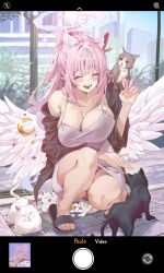 1girl absurdres alternate_costume angel_wings animal_ear_fluff animal_ears bare_shoulders black_coat blue_archive breasts cat cat_ears cleavage coat commentary_request dress fake_phone_screenshot fake_screenshot feathered_wings gradient_halo halo highres korean_commentary large_breasts low_wings mika_(blue_archive) multicolored_halo netural open_mouth outdoors panties pantyshot pink_halo pink_panties purple_dress smile solo teeth underwear white_wings wing_ornament wings