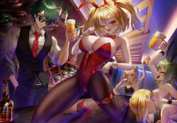 1boy 4girls absurdres alcohol animal_ears beer beer_mug black_leotard black_pants black_pantyhose black_suit blonde_hair breasts burnice_white caesar_king_(zenless_zone_zero) cleavage closed_mouth collar cup detached_collar fake_animal_ears formal_clothes green_eyes green_hair hand_in_pocket high_heels highres holding holding_cup large_breasts leotard lighter_(zenless_zone_zero) luciana_de_montefio medium_hair mug multiple_girls necktie one_eye_closed open_mouth pants pantyhose piper_wheel playboy_bunny rabbit_ears red_eyes red_leotard red_necktie red_shoes shirt shoes small_breasts smile strapless strapless_leotard suit thigh_strap two_side_up wendy_(5877) white_collar white_shirt white_wrist_cuffs wrist_cuffs zenless_zone_zero