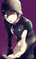 Rule 34 | 1boy, baseball cap, beckoning, black hair, buttons, danganronpa (series), danganronpa v3: killing harmony, double-breasted, eyes visible through hair, fingernails, gakuran, hair between eyes, hat, highres, leaning forward, looking at viewer, lovi (momoko37), male focus, outstretched hand, pale skin, purple background, saihara shuichi, school uniform, short hair, signature, simple background, solo, yellow eyes