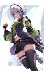 1girl absurdres anby_demara bare_shoulders belt belted_skirt black_gloves black_skirt black_thighhighs blurry blurry_background breasts burger fingerless_gloves food gloves green_jacket green_sleeves grey_hair headphones highres holding holding_burger holding_food jacket knees_up long_hair long_sleeves looking_at_viewer multicolored_sleeves navel orange_eyes pisuke_(user_kcmh2774) short_hair skirt sleeveless sleeveless_jacket small_breasts solo thigh_belt thigh_strap thighhighs white_hair white_undershirt zenless_zone_zero