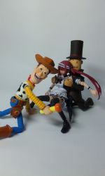 1girl 2boys airi_(queen&#039;s_blade) airi_(queen&#039;s_blade) airi_(the_infernal_temptress) cowboy cowboy_western crossover disney figma figure hat hershel_layton level-5 maid meme multiple_boys photo_(medium) professor_layton queen&#039;s_blade revoltech sheriff_woody top_hat toy toy_story western you_gonna_get_raped